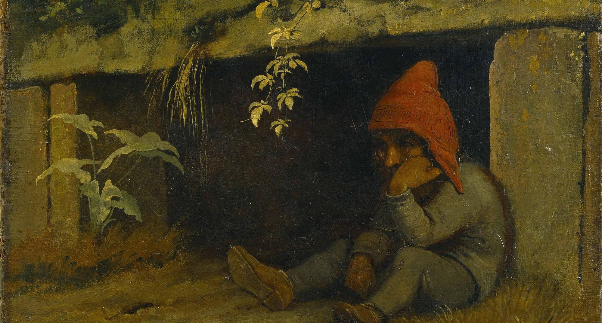J.Th. Lundbye: 'Bakketrolden Sindre uden for sin hule. Selvportræt' 1845.
