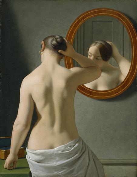 Eckersberg was instrumental in introducing the use of female models and painting classes at the Copenhagen art academy. Here he has painted the model Florentine in 'A Nude Woman Doing Her Hair in front of a Mirror' from 1841.
