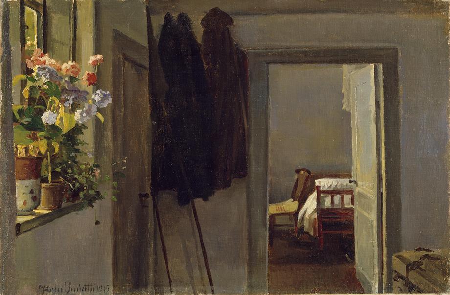Hans Smidth: Interiør med blomster i vindueskarm, 1915
