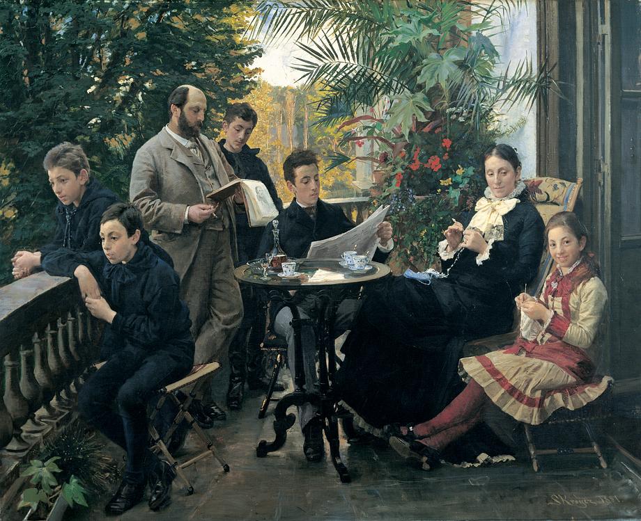 P. S. Krøyer malte 1881 die gesamte Familie Hirschsprung auf dem Balkon ihres Sommerhauses bei Svanemøllen außerhalb von Kopenhagen.
