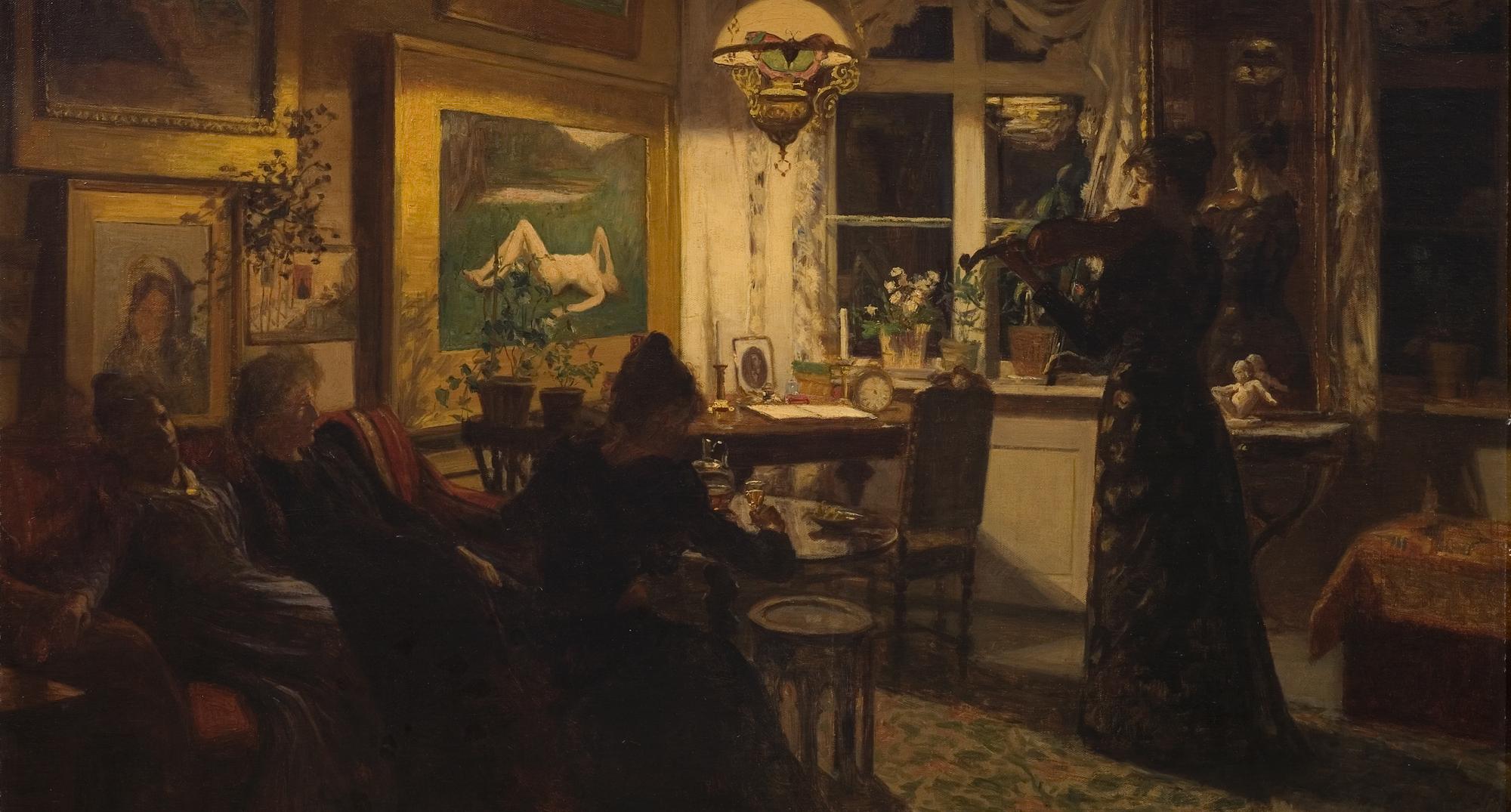 Anna Sophie Petersen: 'En aften hos veninden. I lampelys', 1891. Den Hirschsprungske Samling
