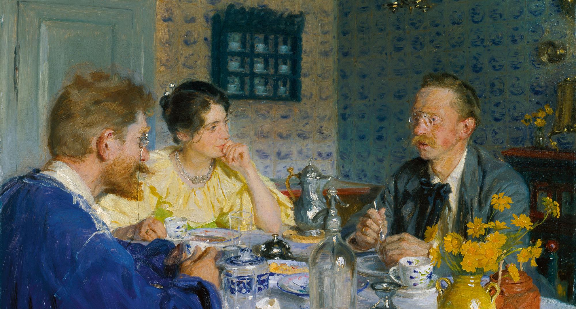 P.S. Krøyer: 'Ved frokosten. Kunstneren hans hustru og forfatteren Otto Benzon'. Skagen 1895. Den Hirschsprungske Samling
