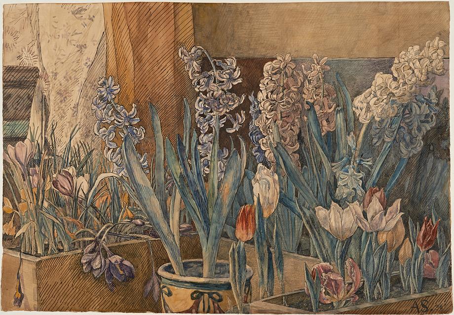 Forårsblomster vokser op af krukkerne i Anna Sybergs akvarel fra 1898. Hun var en del af kunstnerkolonien fynbomalerne på Fyn og spillede en aktiv rolle i etableringen af Faaborg Museum.
